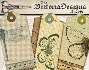 Dragonfly and Butterfly Grid Tags paper crafting scrapbooking steampunk digital download instant download digital collage sheet - 001371