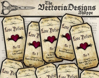 Love Potion Labels, Valentine Decoration, Vintage Potions, Magic Potion Labels, Heart Potion Labels, Valentines Day Gift, Love Labels 000209