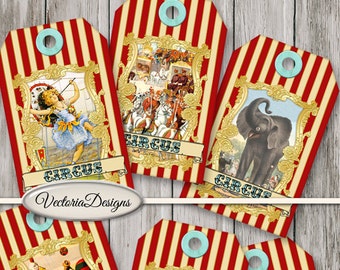 Circus Tags striped red printable paper crafting scrapbooking digital download instant download digital collage sheet - 001437