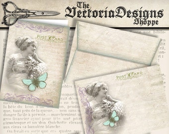 Shabby Elegant Cards, Printable Envelope, DIY Craft, Butterfly Cards, Digital Download, Vintage Cards, Instant Download, Digital 001319