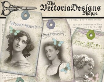 Shabby Postcard Tags printable gift tags paper crafting craft journal digital download instant download digital Collage Sheet - VDTASC1217