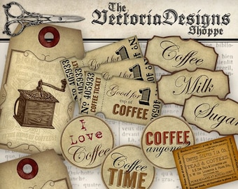 Junk Journal Kit, Coffee Junk Journal Kit, Scrapbook Kit, Printable Paper Kit, Digital Coffee Cards, Instant Download, Vintage Cards 001142