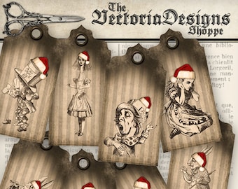 Alice In Wonderland Christmas, Printable Christmas Tags, Digital Christmas Labels, Christmas Gift, Christmas Decoration, Scrapbook  VD0277