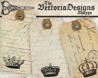 Printable ephemera crown tags for digital crafting and  journaling. Vintage collage paper sheet downloads  00586