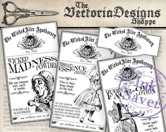 Alice In Wonderland, Halloween Printables, Apothecary Labels, Digital Download, Halloween Ink Labels, Halloween Decorations 000837