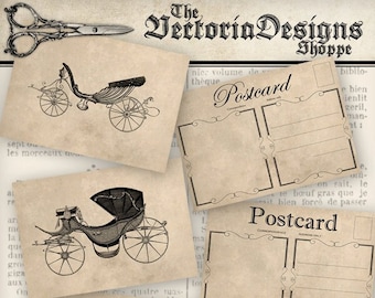 Vintage Carriages Postcards 5 x 3.5 inch back design printable paper crafting art instant download digital collage sheet - VDCAVI1169
