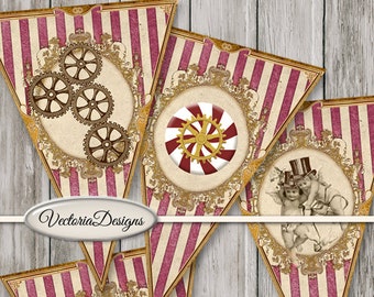 Christmas banner printable party decoration. Vintage steampunk cards templates 001464