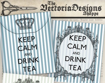 Tea Bag Digital Envelopes, Paper Crafting Envelope Tags, Print Cut Assemble Tags, Keep Calm And Drink Tea Tags, Digital Embellishment 000592