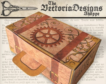 Steampunk Suitcase Box Printable diy gift box paper crafting party favor vintage instant digital download digital collage sheet - 001373