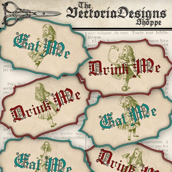 Drink Me Eat Me Tags Alice in Wonderland Printable Decor Party Favors paper crafting instant download digital collage sheet - 001243