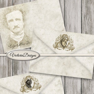 Edgar Allan Poe Envelopes, Printable Envelopes, DIY Kit, Digital Envelopes, Grunge Decor, Craft Envelopes, Junk Journal, Book Lovers 001258