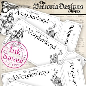 Alice in Wonderland Entry Tickets printable invitation ticket add text ink saver digital download sheet file instant download - 000121