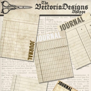 May include: Four vintage journal pages with a brown grid pattern and the word "JOURNAL" printed in bold, brown letters. The pages are slightly aged and have a distressed look. A pocket watch with Roman numerals is in the bottom right corner.