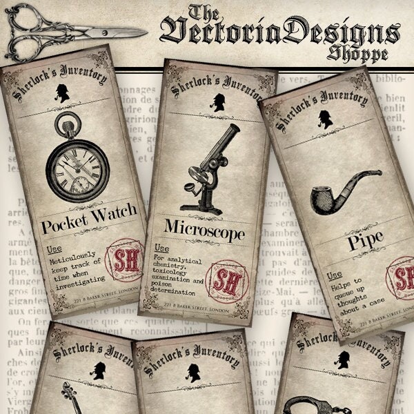 Sherlock Holmes Inventory Labels Printable Detective paper crafting scrapbooking digital download instant download collage sheet - 000570