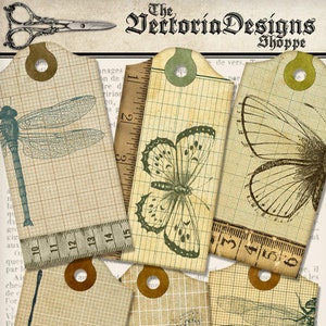 Dragonfly and Butterfly Grid Tags paper crafting scrapbooking steampunk digital download instant download digital collage sheet - 001371