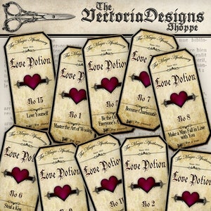 Love Potion Labels, Valentine Decoration, Vintage Potions, Magic Potion Labels, Heart Potion Labels, Valentines Day Gift, Love Labels 000209 image 1