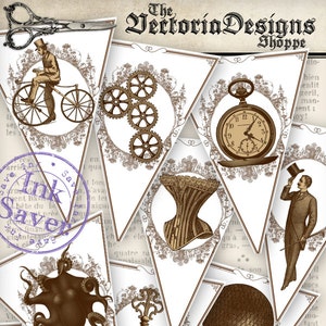 Printable Steampunk Banner eco Bunting party banner save ink instant download digital collage sheet 000999
