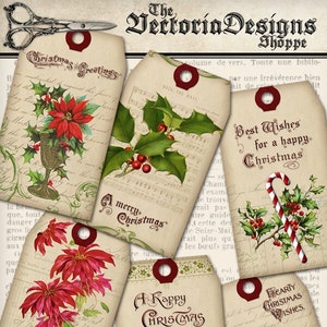 May include: Set of six vintage-style Christmas gift tags with various holiday designs, including poinsettias, holly, candy canes, and a Christmas tree. The tags are printed on aged paper with handwritten text and feature red, green, and white colors.