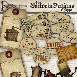 Junk Journal Kit, Coffee Junk Journal Kit, Scrapbook Kit, Printable Paper Kit, Digital Coffee Cards, Instant Download, Vintage Cards 001142