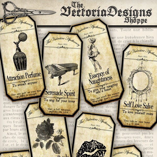 Valentine Apothecary Labels, Jar Labels, Steampunk Bottle Labels, Valentine's Day Gift, Love Potion Labels, Valentine Digital Labels 000326