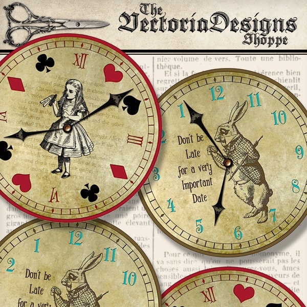 Alice In Wonderland Clocks, Alice In Wonderland Props Decor, Party Supplies, Printable Clocks, Rabbit Clock, Paper Clocks, Digital 001334