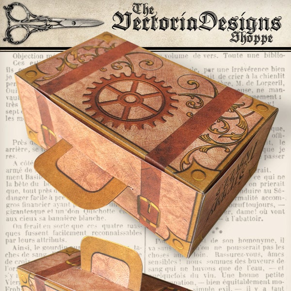 Steampunk Suitcase Box Printable diy gift box paper crafting party favor vintage instant digital download digital collage sheet - 001373