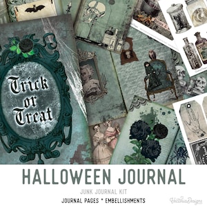 May include: A digital junk journal kit with a Halloween theme. The kit includes pages with a variety of images, including a mirror with the text "Trick or Treat", a skull, a black rose, and a vintage-style portrait. The kit also includes embellishments such as tags, labels, and stickers.