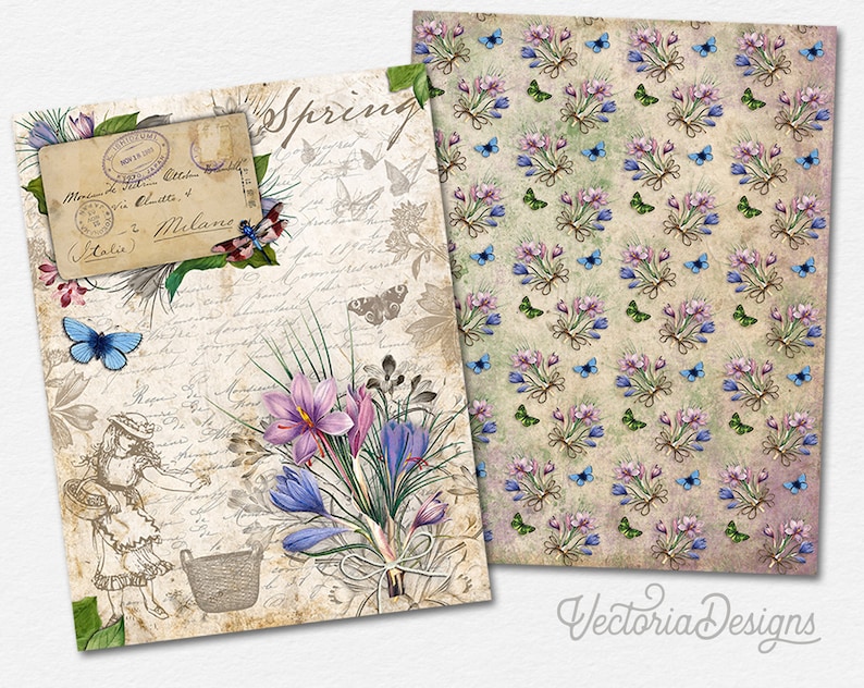Spring Crocus Paper Pack, Spring Flowers Paper Pack, Purple Crocus Paper, Cottagecore Journal, Printable Paper Pack, Floral Clip Art 002143 image 2