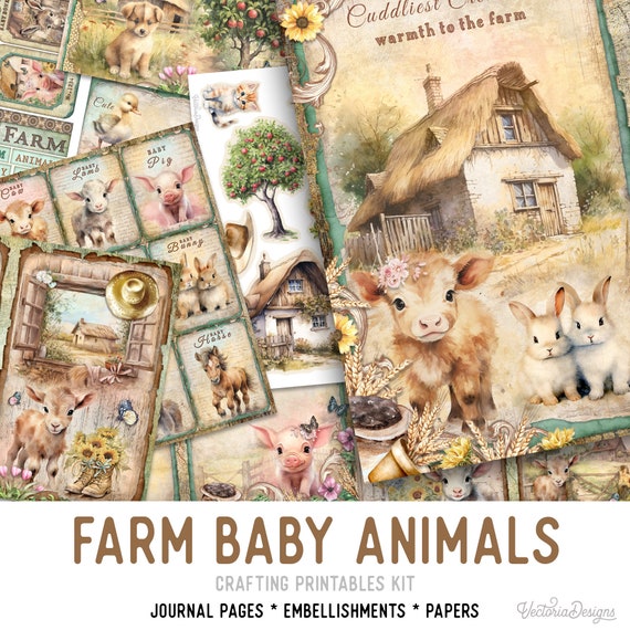 Farm Baby Animals Junk Journal Kit (Standard) - Printable Pages, Papers and Embellishments for Crafting - 003142
