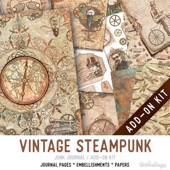 Vintage Steampunk Junk Journal Kit ADD-ON, Printable Craft kit with Journal Pages, Embellishments and Papers - 003313