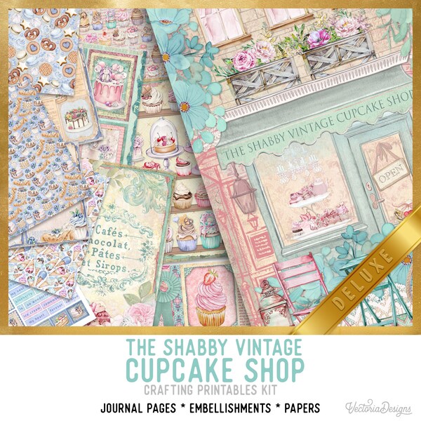 Cupcake Shop Junk Journal Kit DELUXE - Printable Pages, Papers and Embellishments for Crafting - 002571