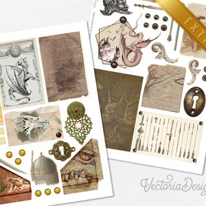 May include: A digital paper pack with a variety of images, including dragons, keys, arrows, and eggs. The images are in a vintage style with a brown and gold color scheme. The paper pack is perfect for scrapbooking, card making, and other crafting projects.
