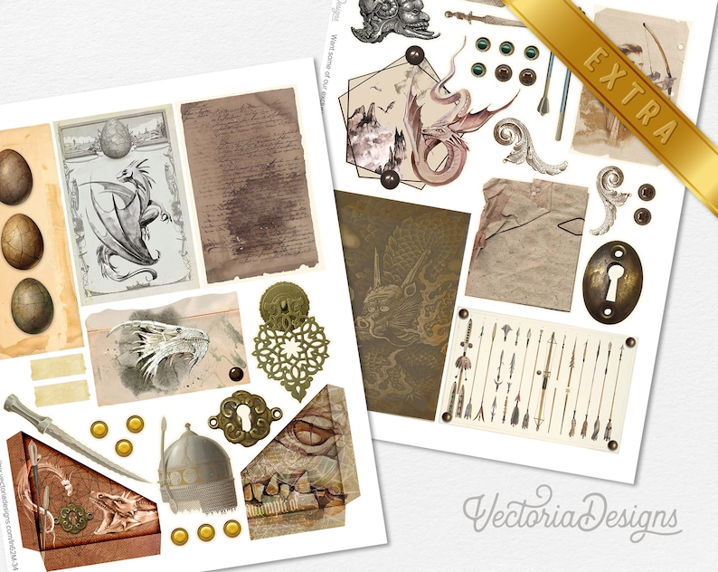 May include: A digital paper pack with a variety of images, including dragons, keys, arrows, and eggs. The images are in a vintage style with a brown and gold color scheme. The paper pack is perfect for scrapbooking, card making, and other crafting projects.