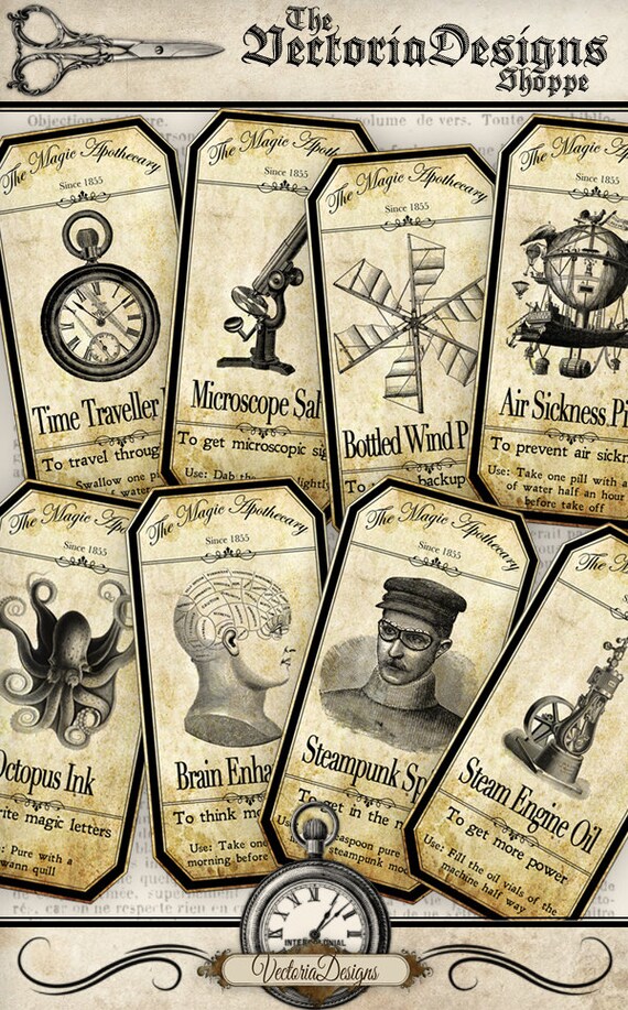 15 Large Steampunk Apothecary Bottle Labels 4.5 x 2.23 inch Etsy