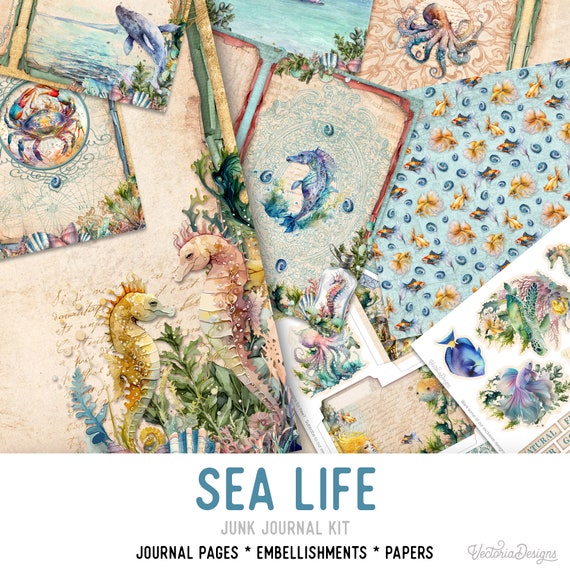 Sea Life Junk Journal Kit - Printable Pages for Crafting - 002920