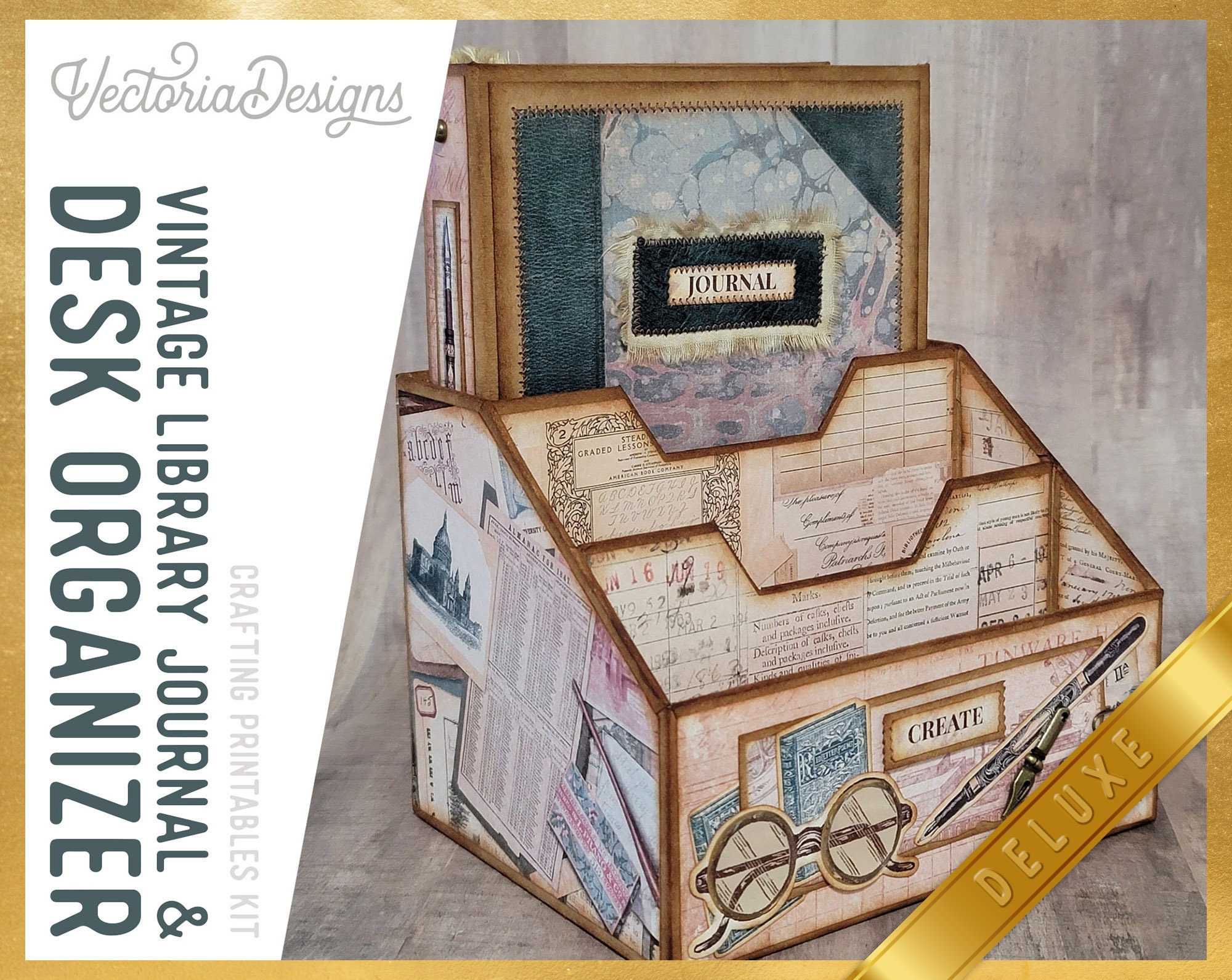 Vintage Library Journal DELUXE, Desk Organizer, Craft Kits, Journal Kit