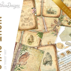 May include: A digital printable junk journal kit featuring vintage illustrations of owls. The kit includes various images of owls, including a Ural Owl, a Long-eared Owl, and a Brown Owl. The kit also includes a variety of other images, such as flowers, leaves, and text. The kit is perfect for creating unique and personalized journals.