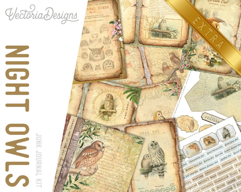 May include: A digital printable junk journal kit featuring vintage illustrations of owls. The kit includes various images of owls, including a Ural Owl, a Long-eared Owl, and a Brown Owl. The kit also includes a variety of other images, such as flowers, leaves, and text. The kit is perfect for creating unique and personalized journals.