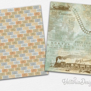 May include: A vintage-style digital paper pack with two designs. The first design features a repeating pattern of old-fashioned train tickets in shades of brown, blue, and beige. The second design features a vintage newspaper clipping with the text "Courant." and "The True Travels, Adventures and Observations."  The design also includes a vintage illustration of a train.