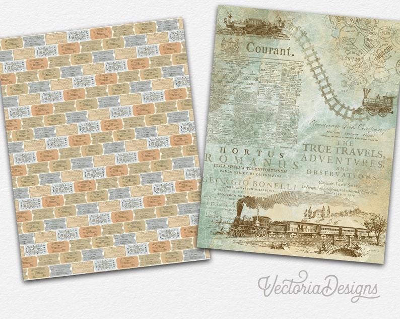 May include: A vintage-style digital paper pack with two designs. The first design features a repeating pattern of old-fashioned train tickets in shades of brown, blue, and beige. The second design features a vintage newspaper clipping with the text "Courant." and "The True Travels, Adventures and Observations."  The design also includes a vintage illustration of a train.