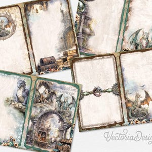 Puede incluir: Una colecci&oacute;n de hojas de papeler&iacute;a digital con ilustraciones de dragones de fantas&iacute;a, arcos de piedra y cofres del tesoro. El papel estilo pergamino tiene bordes decorativos, tonos tierra apagados e incluye una secuencia alfab&eacute;tica en cursiva.