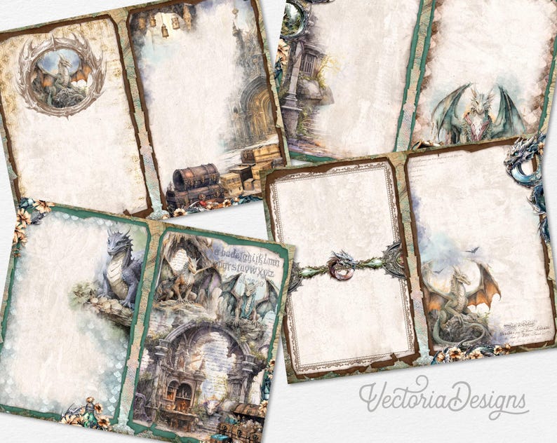Puede incluir: Una colecci&oacute;n de hojas de papeler&iacute;a digital con ilustraciones de dragones de fantas&iacute;a, arcos de piedra y cofres del tesoro. El papel estilo pergamino tiene bordes decorativos, tonos tierra apagados e incluye una secuencia alfab&eacute;tica en cursiva.