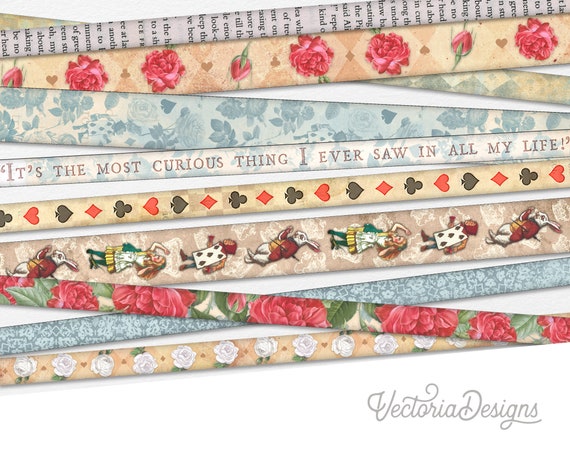 Wonderland Strips, Alice in Wonderland Embellishments, Scrapbooking Embellishments, Journal Embellishments, Junk Journal Ephemera 002526