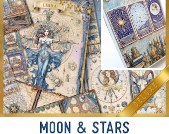 Moon & Stars Junk Journal Kit DELUXE, Zodiac Crafting Printables Kit Crafting Celestial Embellishments Printable Paper Craft Tutorial 003515