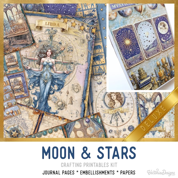 Moon & Stars Junk Journal Kit DELUXE, Celestial - Printable Pages, Papers and Embellishments for Crafting - 003515
