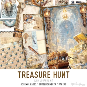 May include: A collection of vintage-style journal pages, embellishments, and papers with a treasure hunt theme. The design includes antique maps, a compass, a ship, a key, and a pen. The colour palette features sepia tones, blues, and gold accents.