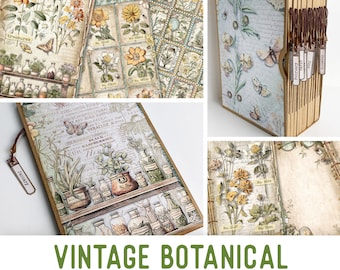 Vintage Botanical Junk Journal Kit Nuevo, Kit de imprimibles de artesanía botánica Adornos botánicos Kit de papel imprimible Tutorial de artesanía 003181