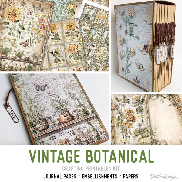 Vintage Botanical Junk Journal Kit Neu, botanisches Bastelset zum Ausdrucken, botanische Verzierungen, druckbares Papierset, Bastelanleitung 003181