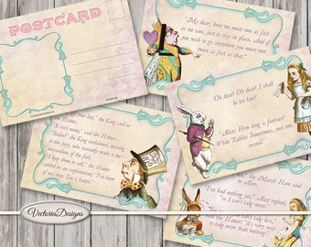 Alice in Wonderland Postcards Printable Quotes back paper crafting scrapbooking digital download instant download digital sheet - VDCAAL1559