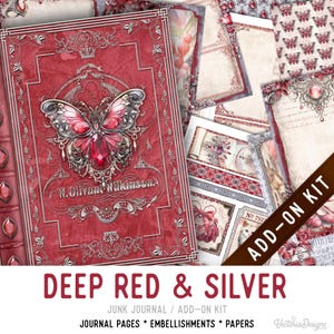 Deep Red & Silver Junk Journal Kit ADD-ON, Printable Junk Journal Pages Journal Kit Craft kits Vintage Junk Journal 003613